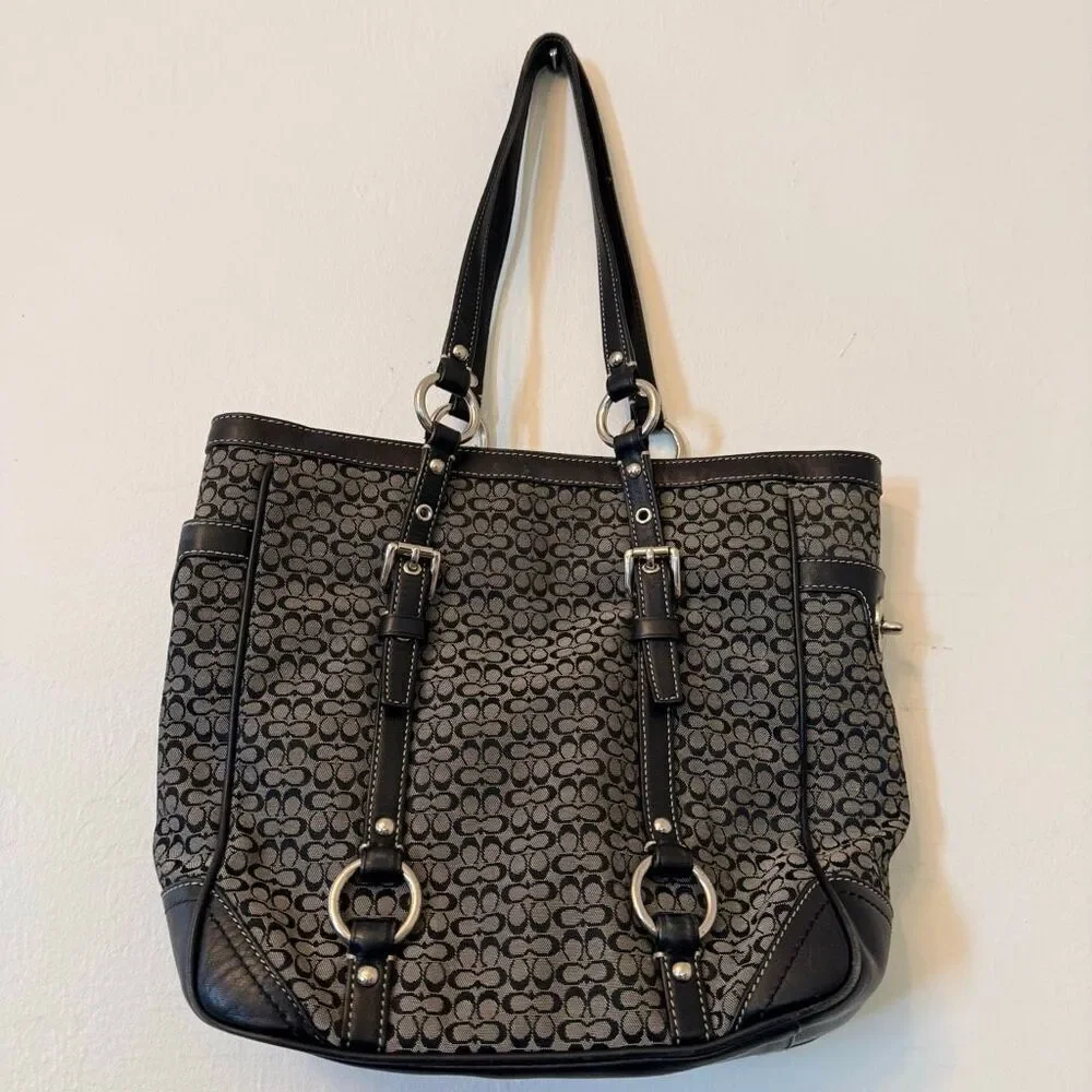 Vintage Coach Signature Gallery Monogram Canvas Leather Black Gray Tote Bag
